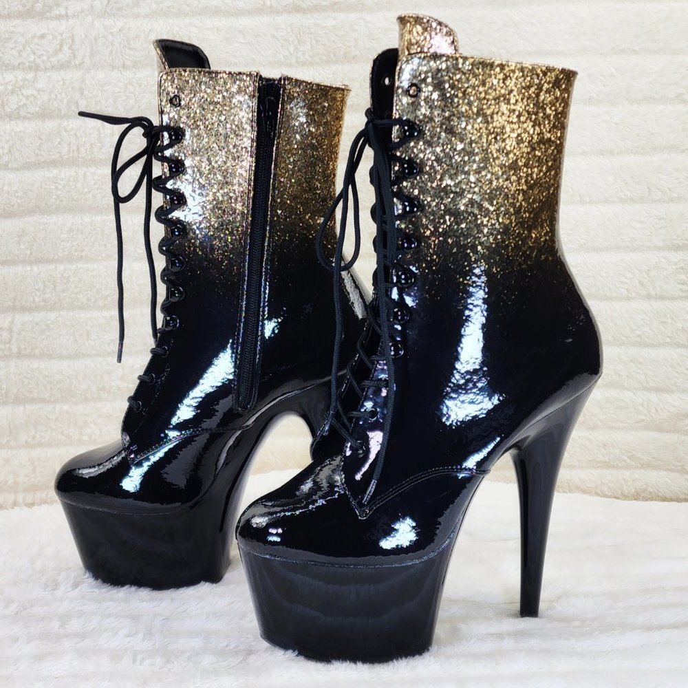 Adore 1020OMB High Heel Gold Glitter Ombre Black Patent Platform Ankle Boots